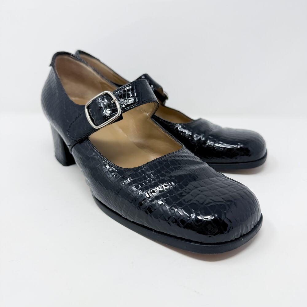 Varda Black Patent Leather Croc Embossed Mary Janes Sz 40.5/10.5 Made in Italy